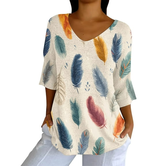 Tittly Boho Tops for Women, 3/4 Sleeve Shirts for Women Dressy Tunic Tops Casual Wear with Floral, Work Blouses for Women, 3/4 Length Sleeve Womens Tops Blue L