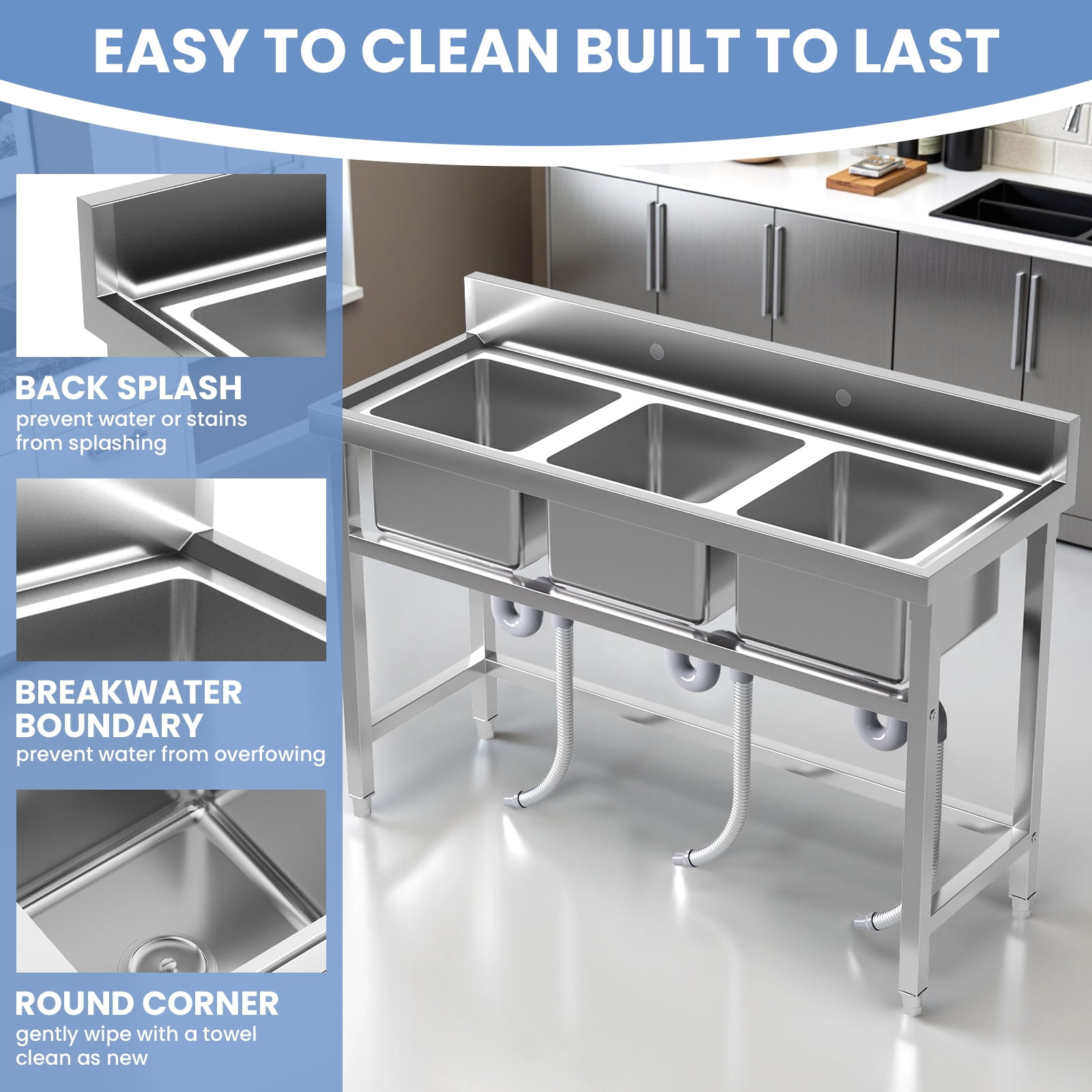 3 Compartment Commercial Utility Sink, Outdoor Freestanding Kitchen Sink with Adjustable Legs, Utility Sink, Freestanding Utility Sink for Laundry, Farmhouse Use