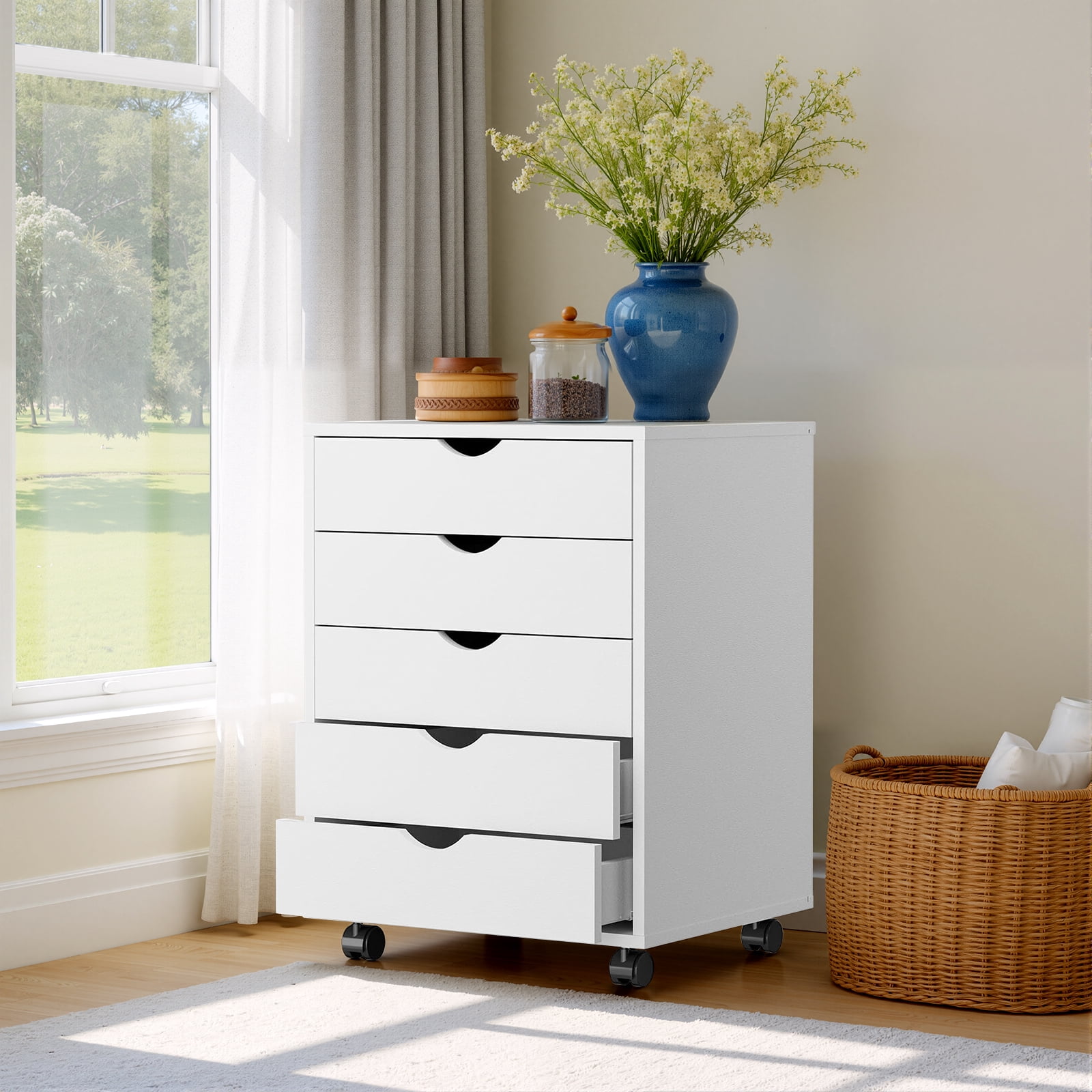 Sybels 5-Drawer Rolling Storage Cart, Mobile File Cabinet & Organizer Dresser with Wheels for Home Office, Wood Chest, White