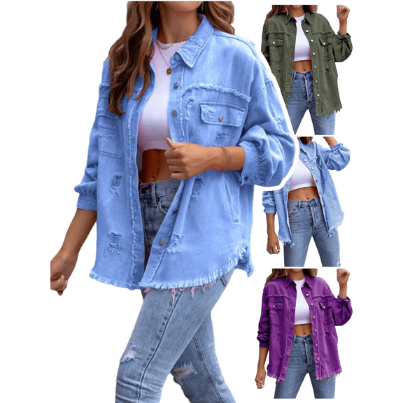 Xdegoge Denim Jackets for Women Oversized Button Down Long Sleeve Shacket Collared Casual Jean Shirts with Pockets Trendy Loose Dressy Fashion Work Blouses Streetwear Ofertas Del Dia De Hoy Relampago
