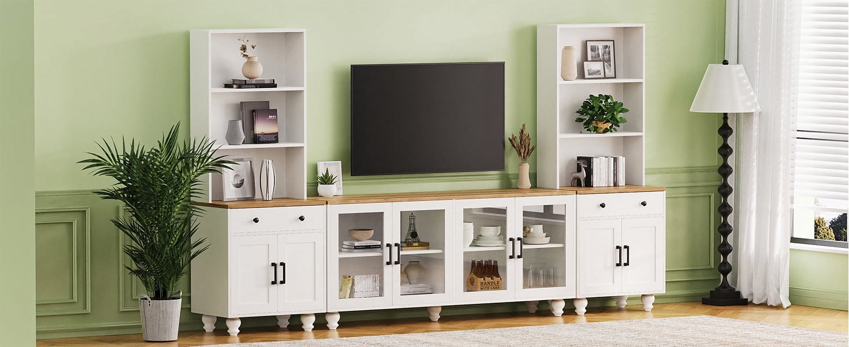 MAYEERTY Farmhouse TV Stand with Solid Wood Gourd-Shaped Legs for TVs Up to 70", Entertainment Center with Bookshelves