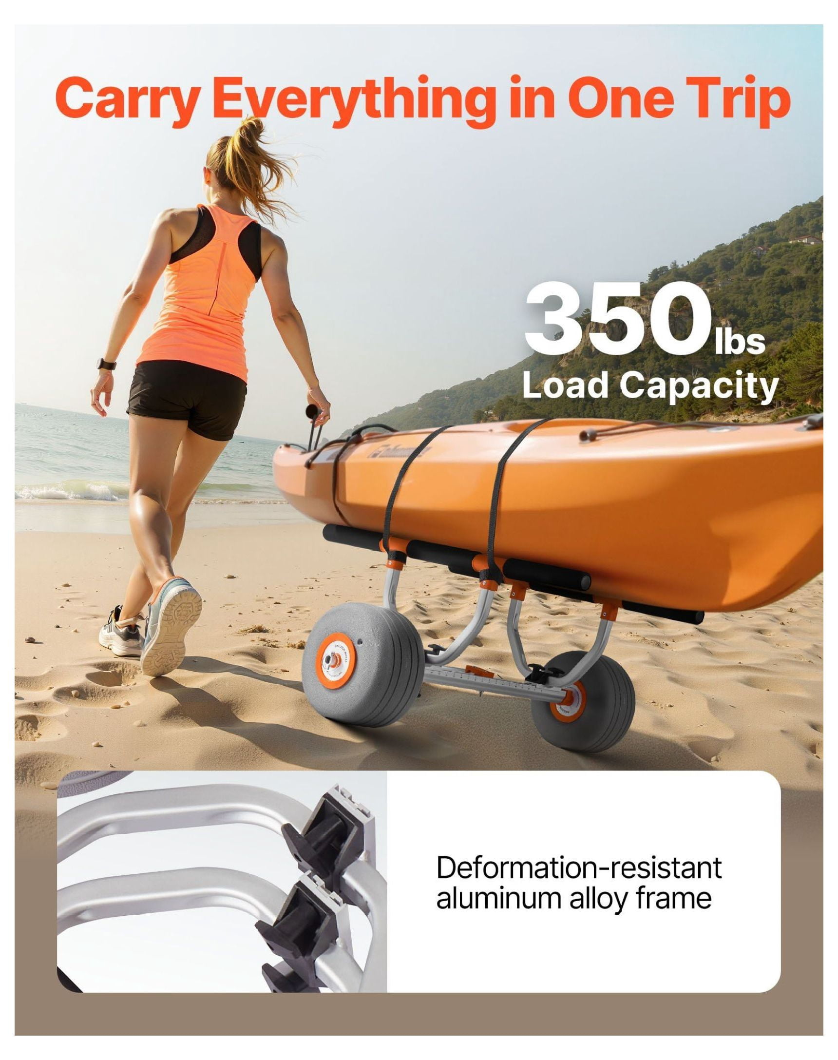 Kayak Cart 350 Lbs Capacity - Kayak Trolley with 12” Inflatable Tires & Straps - Paddle Board Carrier for Kayaks, Canoes & More