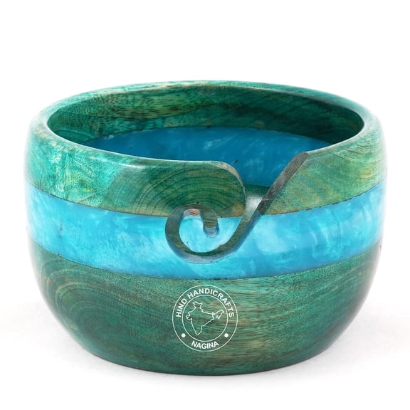 Hind Handicrafts Antique Resin Inlaid Wooden Portable Yarn Storage Bowl - Solid Dark Handmade Crafted - Holder for Knitting Crochet Hook Accessories (Green, 7" x 7" x 4")