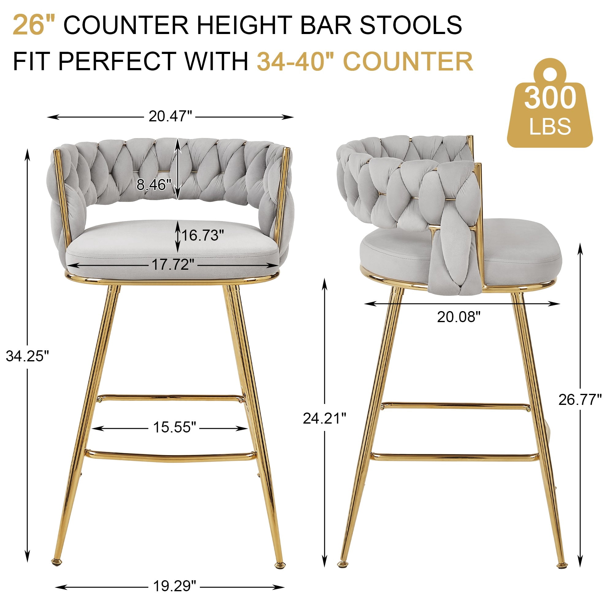 VECELO Modern Braided Bar Stools Set of 4 – Velvet Counter Height Stools with Woven Back Support & Footrest, Heavy-Duty Metal Frame Bar Chairs for Kitchen Island,Grey