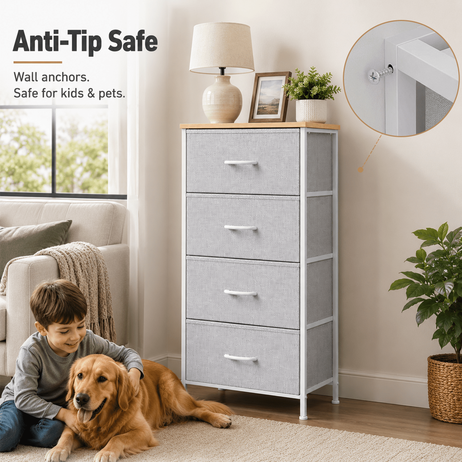 Alvantor Dresser for Bedroom with 4/5 Storage Drawers, Dressers Chest of Drawers Fabric Dresser with Sturdy Steel Frame, Wooden Top Cabinet Night Stand Dresser for Closet