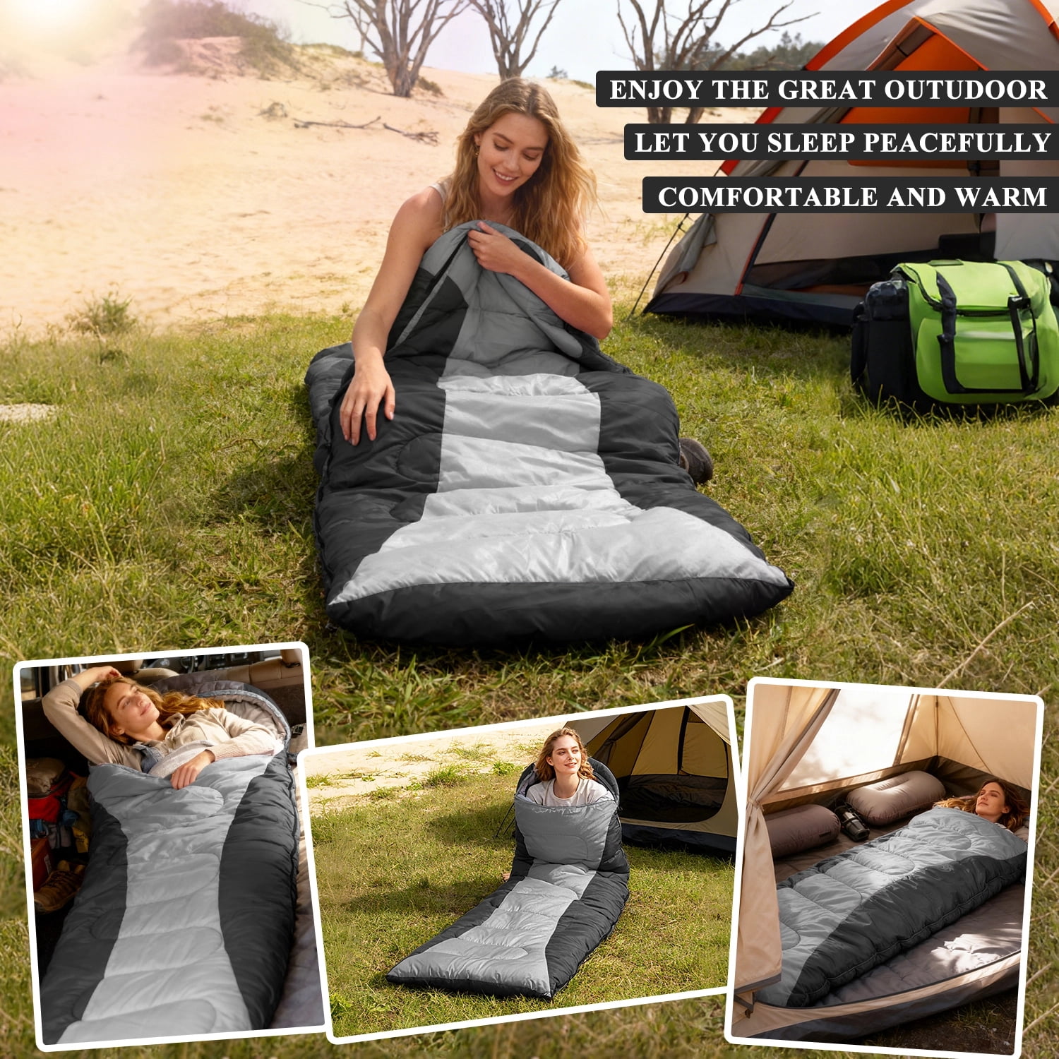 Teblint Camping Sleeping Bag for Adults Kids, 4-Season Cold Weather Sleeping Bag, Waterproof & Compression Sack Included, Camping Essentials Gear Accessories Hiking Sleep Must Haves (Black)