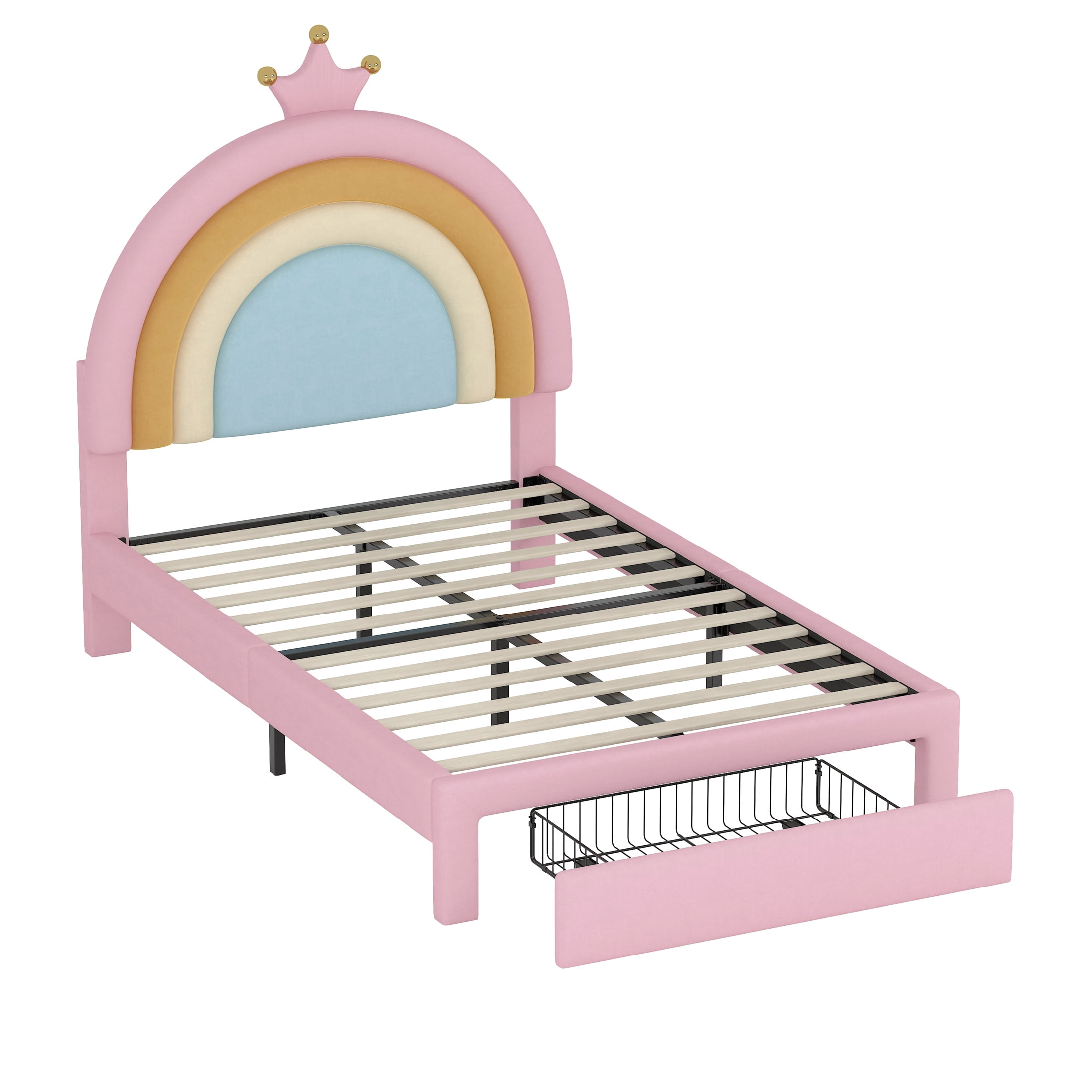 Cute Rainbow Twin Size Bed Frame for Girls,Velvet Princess Twin Bed Frames with Headboard and Drawers,77.5"x40.5"x47",Pink