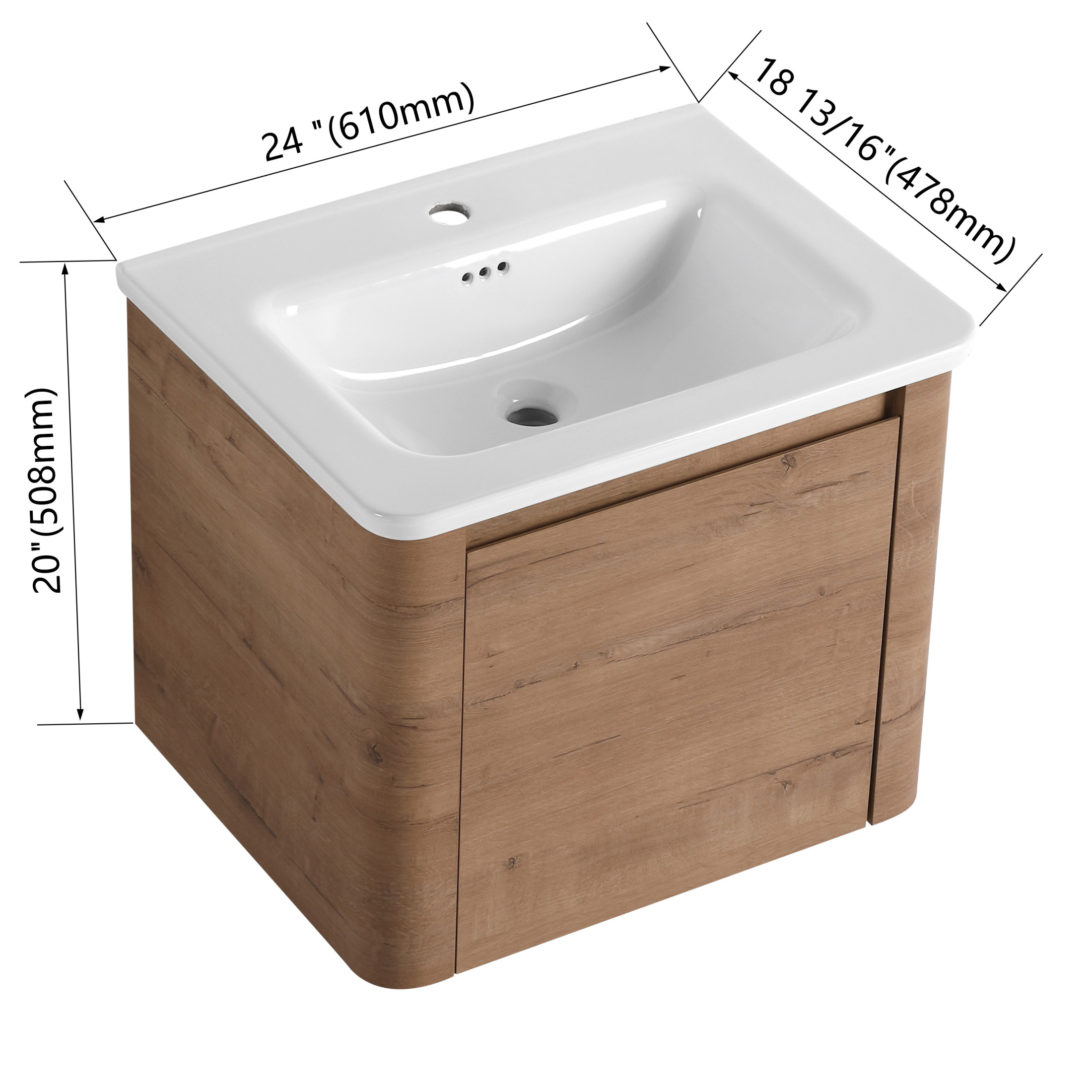 Noble House 24" Floating Bathroom Vanity with Ceramic Sink, Plywood Soft-Close Door, Rounded Edges, Imitative Oak