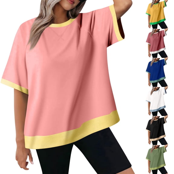 SROBPTY Womens T-Shirts Solid Crew Neck Short Sleeve Ribbed Loose Summer Tops for Everyday Wear