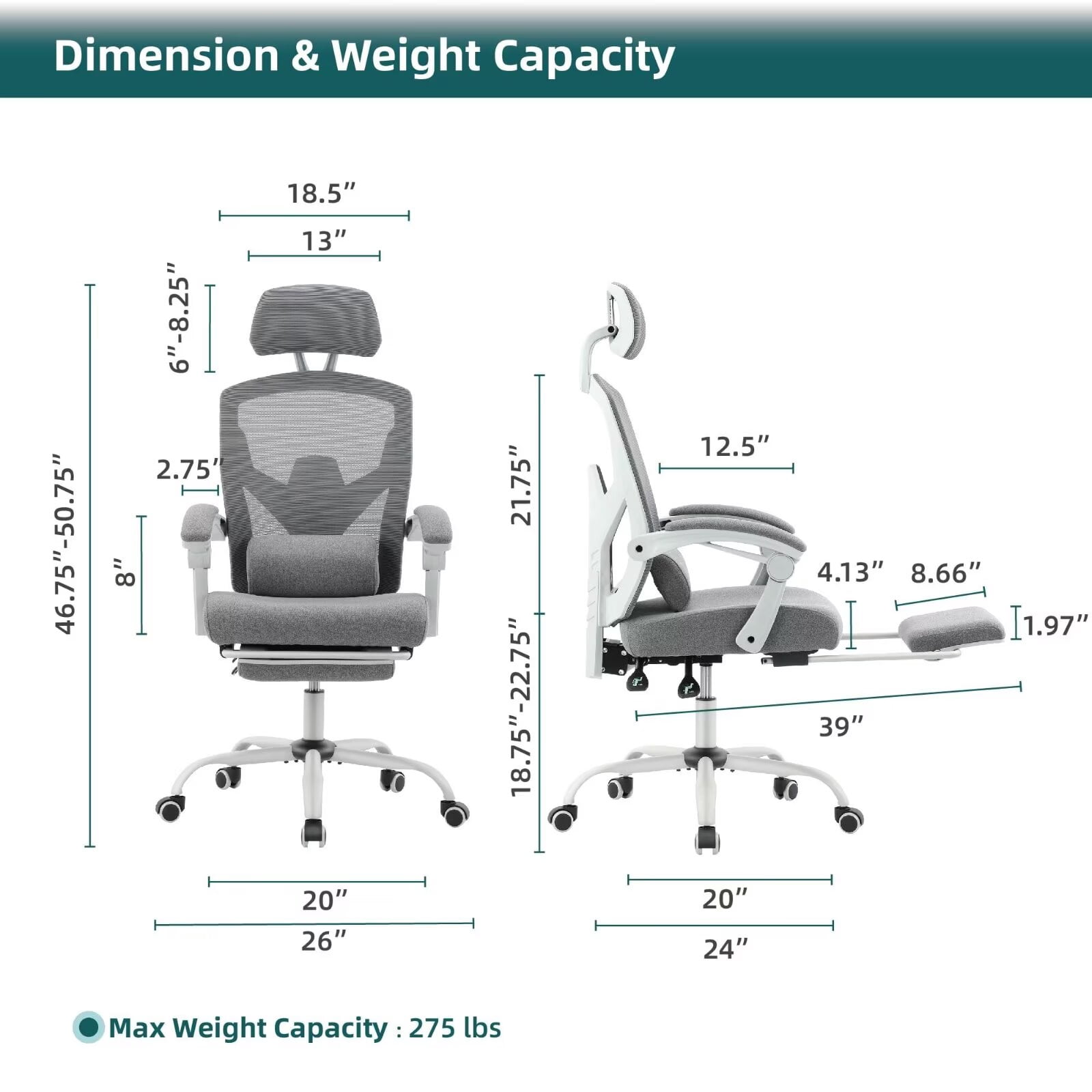 Simple Deluxe Retractable Footrest Ergonomic Swivel Office Chair with Lumbar Support Pillow and Padded Armrests, Grey