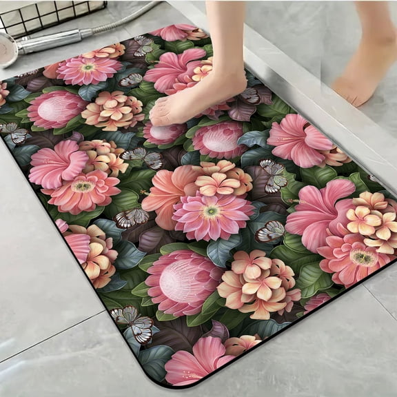 1pc Pink Flowers with Butterflies Bathroom Rug Bathroom Decor and Accessories- Durable,Anti Slip,And Quick Drying,Suitable For Indoor/outdoor Use - Perfect For Bathrooms,Bedrooms,Kitchens