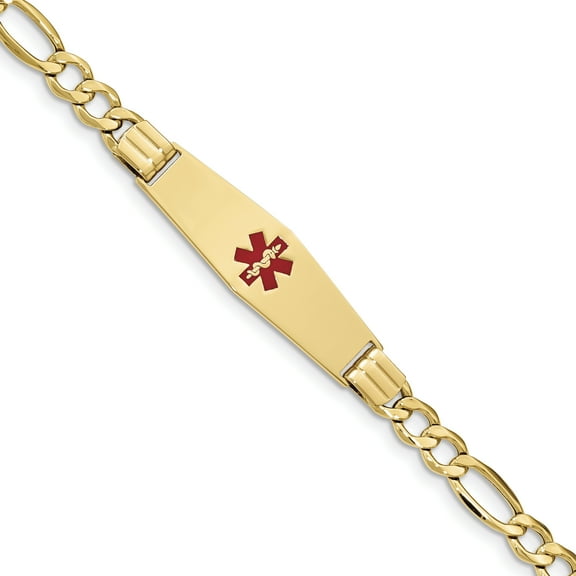14K Yellow Gold Medical Soft Diamond Shape Red Enamel ID w Semi-Solid Figaro Bracelet