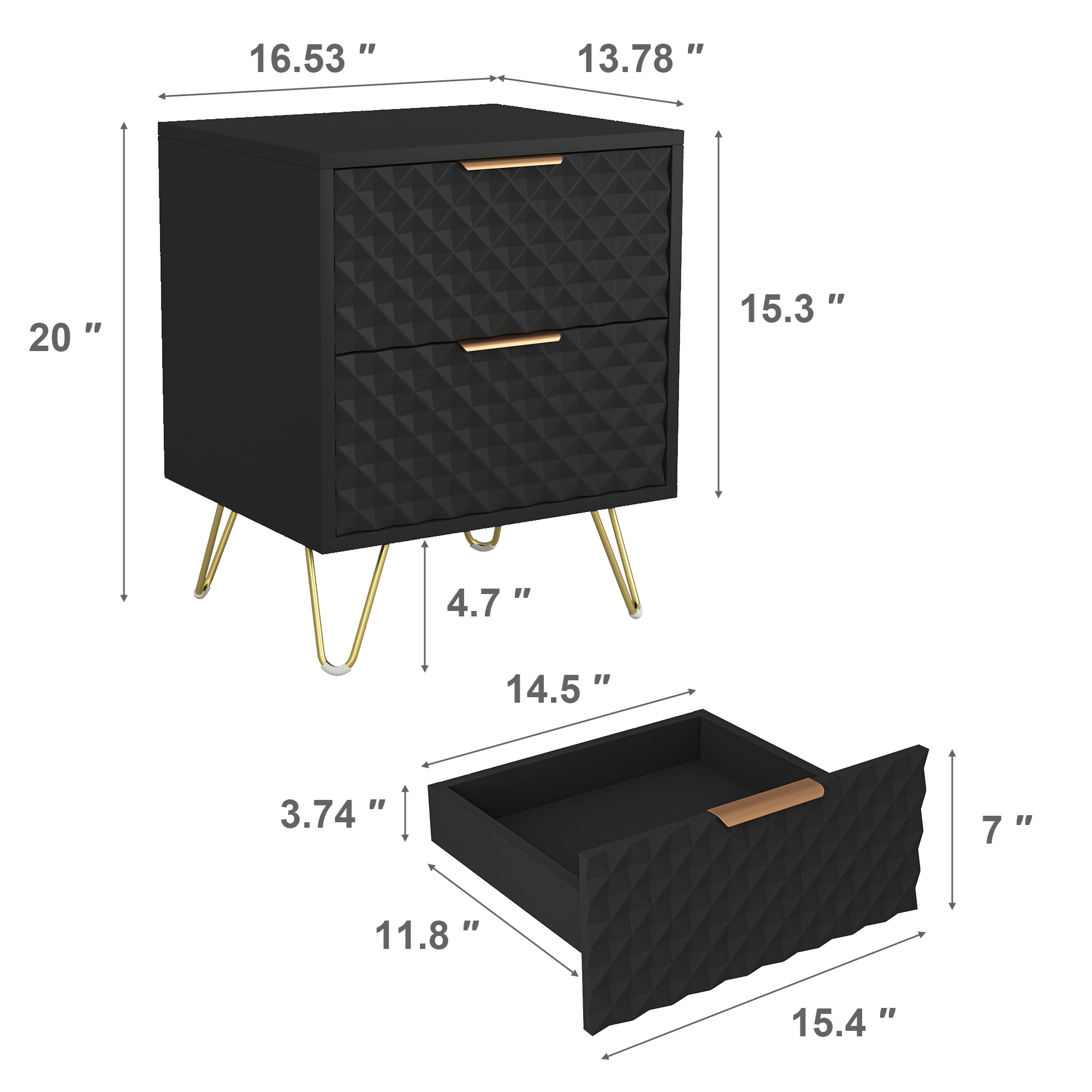 Kadyn Bedroom Nightstand with 2 Drawers, Mid Century Modern Nightstand Set of 2, Bedside Table Night Stands for Bedrooms, Living Room, Black