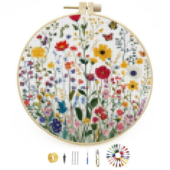 DIY Stamped Cross Stitch Kits Many Colorful Wild Flowers and Butterflies Easy for Beginners with Hoop 11CT Counted Embroidery Needlepoint Crafts Arts Home Decor 30x30cm(1)