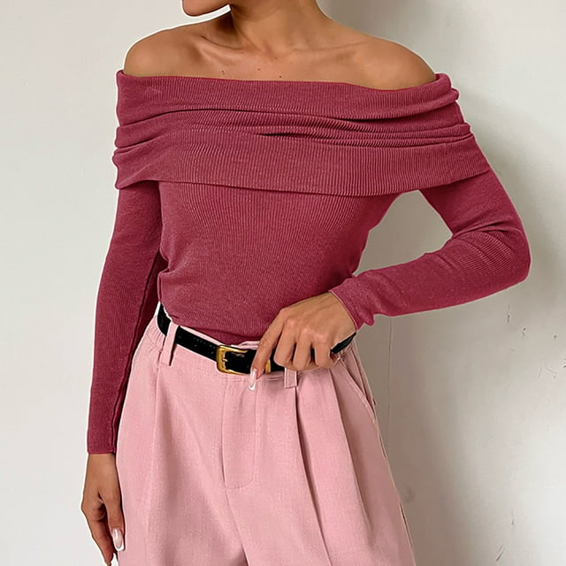 RXIRUCGD Chandail Tricoté à Manches Longues et Épaules Dénudées pour Femmes, Col Rond, Automne/hiver 2024, Rouge, Taille : m