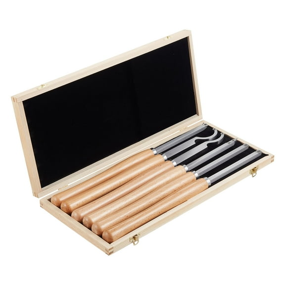 KFFKFF 6-Piece Wood Lathe Turning Tool Set with Wooden Handles, Carbide Inserts in Diamond, Round, and Square Shapes, Includes Wooden Storage Box, Suitable for Various Skill Levels