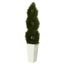 Nearly Natural 5.5' Double Pond Cypress Spiral Topiary Artificial Tree in White Tower Planter UV Resistant