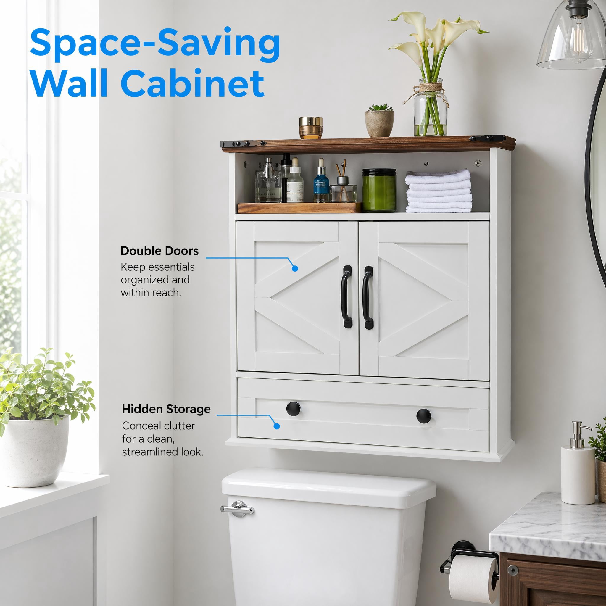 Garvee Bathroom Wall Cabinet, Farmhouse Medicine Cabinet, 24" Wide Cabinet with Drawer, Adjustable Shelf, Double Barn Doors, Storage Cabinet for Bathroom, Kitchen, Living Room White