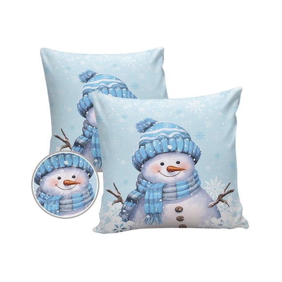 Pack of 2 Outdoor Pillow Covers, Light Blue Christmas Snowman with Cap Xmas Tree Snowflake Waterproof Square Throw Pillowcase Cushion Decorative Pillow Covers for Couch Patio Tent, 18x18 in
