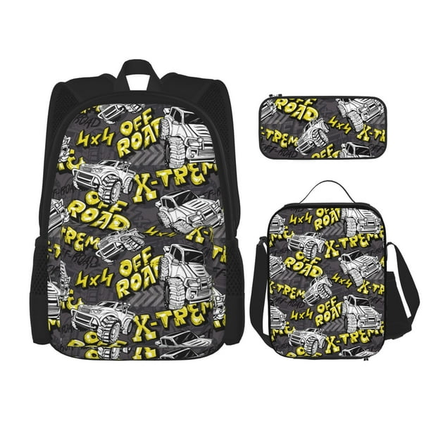 Easygdp White Retro Off-Road Vehicle Mochila para Niños y Niñas con Set de Caja de Almuerzo y Estuche para Lápices 3 en 1, Mochila Escolar Estampada para Adolescentes