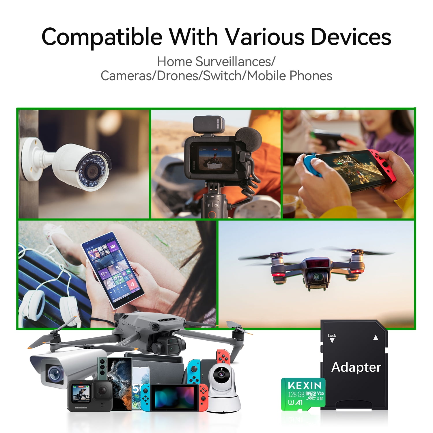 KEXIN 128GB SDXC Card with Adapter, U3, Full HD, High Speed TF Card for Phone / Camera / Drone / Go Pro, 5K Video Recording, 2 Pack