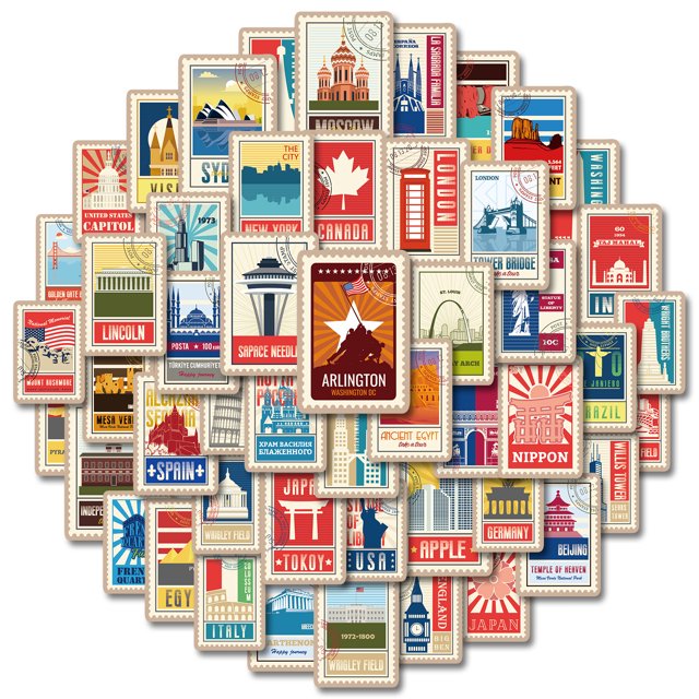 50 pegatinas de mapa de viaje de la ciudad, atracciones turísticas mundiales para adultos, adolescentes, edificios, paisaje urbano, pegatinas vintage para ordenador portátil, equipaje