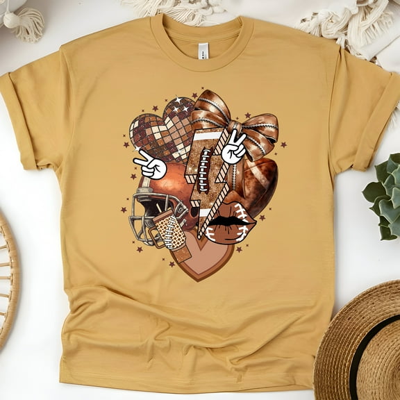 Peace Love Football Shirt | Cute Bow and Helmet Game Day Tee, Gold, Size XL