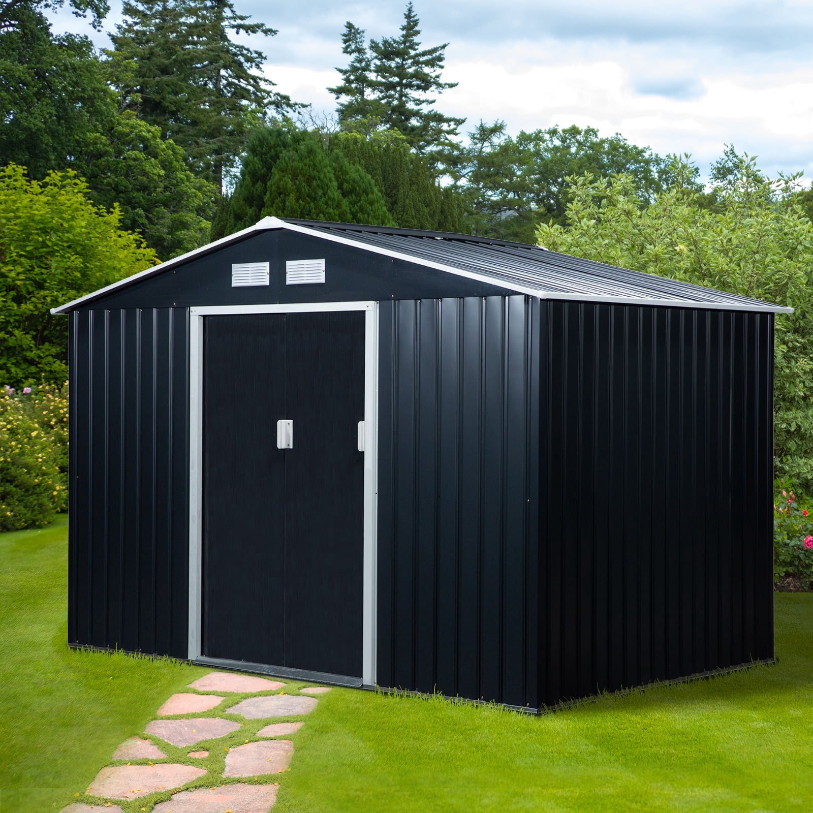 Outsunny 9' x 6' Metal Storage Shed Organizer, Garden Tool House with 4 Vents and 2 Sliding Doors for Backyard, Patio, Garage, Lawn, Dark Gray