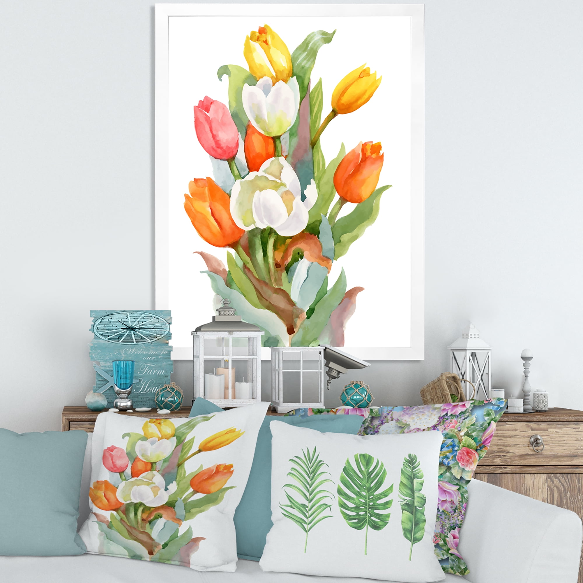 Designart 'Blooming Orange and White Tulips Flower' Traditional Framed Art Print