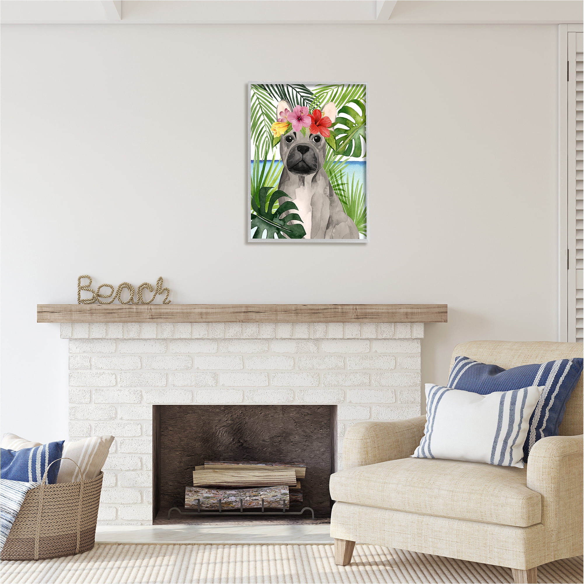 Stupell Industries Tropical French Bulldog Animals & Insects Painting Gray Framed Art Print Wall Art, 24 x 30