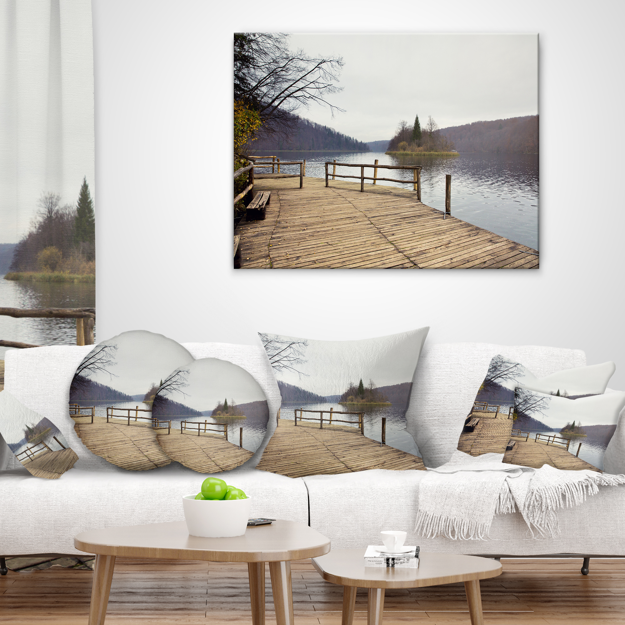 Designart Plitvice Lakes Wooden Bridge - Landscape Photo Throw Pillow - 16x16