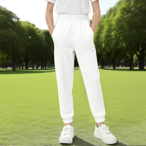 fnnxnal White 100% Cotton Boys Jogger Pants - Elastic Waist with Side Pockets & Cuffed Ankles, Breathable Durable Active Play Pants for Kids 3-12,Size 11-12T