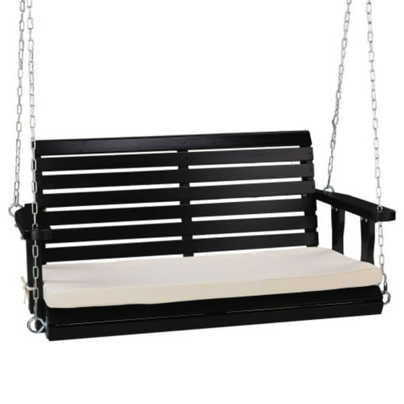 Ktaxon Upgraded Heavy Duty 880 LBS 4ft Patio Wooden Porch Swing, Solid Fir Wood Swing Bench for Yard Balcony, Black with Cushion