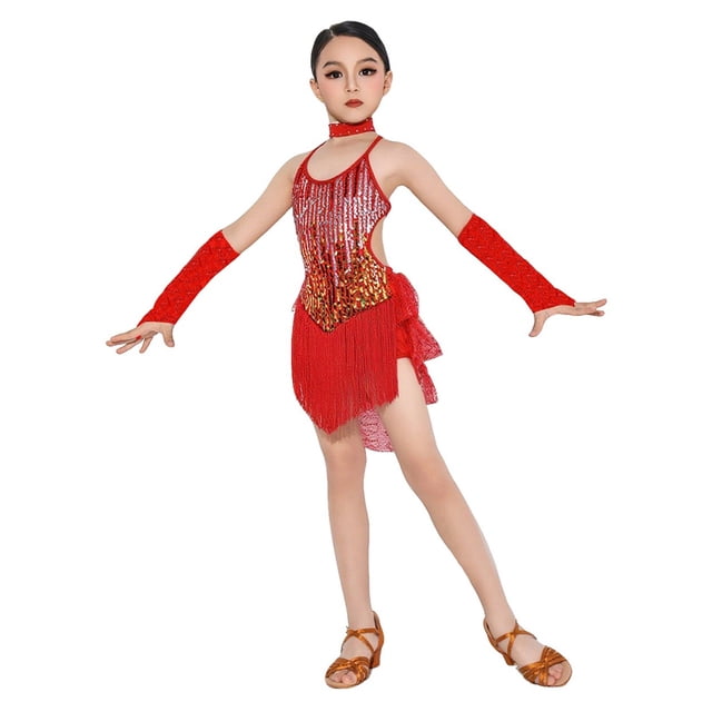 Ensembles de Combinaisons pour Garçons et Filles Rouges, Combinaisons Sans Manches à Bretelles Spaghetti, Costumes de Danse à Paillettes et Franges, Cosplay en Maille, Ensembles de Combinaisons pour Enfants 2025 7 Ans