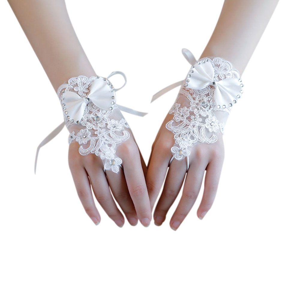Wedding Party Bridal Rhinestone Inlaid Lace Bowknot Short Fingerless Gloves Clev 