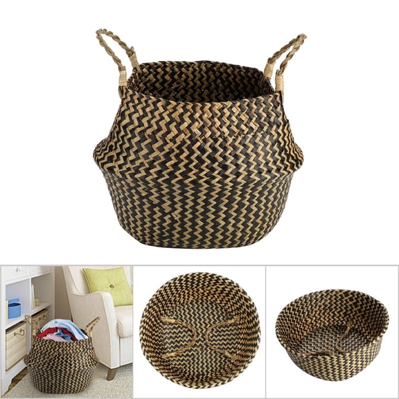 Riousery Foldable Seagrass Storage Basket, Natural Woven Organizer for Home Decor, Plant Pot, Laundry, Toys & Picnic - Black