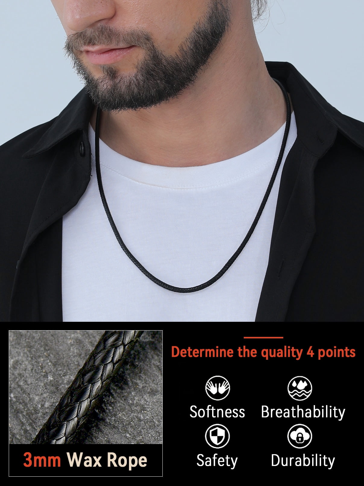 FaithHeart Braided Leather Cord Necklace for Men Women Stainless Steel Snap Clasp, 3MM Waterproof Black Woven Wax Rope Chain for Pendant Jewelry Gift for Son Birthday