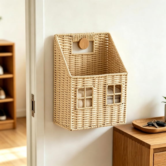 Clearance! Woven Wall Basket House Shaped Hanging Storage Organizer for Mail Towels Keys Magazines, Wicker Rattan Magazine Holder with Wooden Hook Bathroom Entryway Home Decor