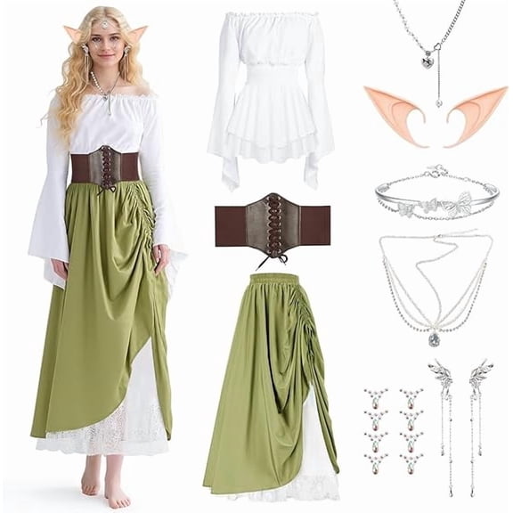 AYUQI Medieval Dress for Women, Renaissance Dress with Elf Ears Collar, Belt, Gothic Vintage Clothing Carnival Halloween Cosplay, L