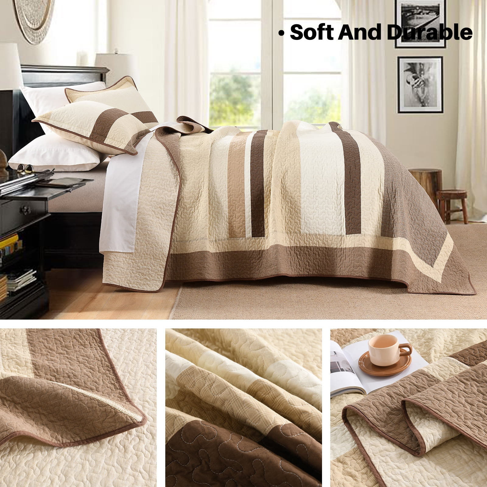 Bedduvit Striped Queen Size Quilts - 100% Organic Cotton Quilt Queen, Brown Black Beige Farmhouse Lightweight Bedspread Set for Queen Bed, Modern Neutral All-Season 3-Piece Comforter Set, 98"x90"