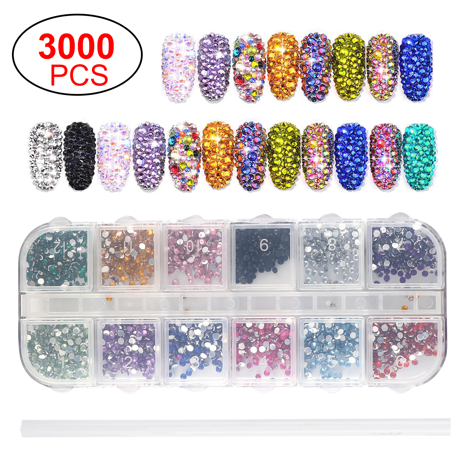3000 Pieces Flat Back Gems Round Crystal Rhinestones 12 Color Sparkling ...