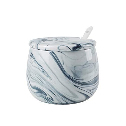 Ceramic Black White Marble Sugar Bowl with Lid and Spoon for Home and Kitchen Sugar Bowl 