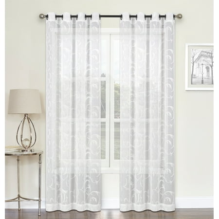 2 Pack: Scroll Floral Matte Sheer Embroidered Grommet Curtains - White ...