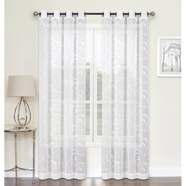 2 Pack Scroll Floral Matte Sheer Embroidered Grommet Curtains White