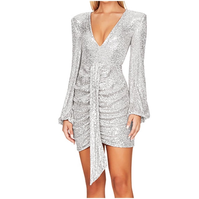 Pisexur Robes pour Femmes à Manches Longues à Col en V Profond Robe de Cocktail Mode à Paillettes Robes de Retour à la Maison Tunique Formelle Robe de Bal de Fin d'Année Robe de Soirée Robe de Fête Fluide Plissée Robe Midi