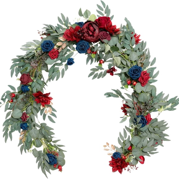 Flower Garland - 6Ft Eucalyptus & Rose - Sweetheart Table Decor for Wedding Reception, Artificial Floral Garland for Mantle, Thanksgiving, Christmas Decoration, Green & Red-Blue Harlik