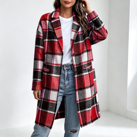 Plaid Long Wool Coat Women Notched Lapel Mid Length Jacket Long Sleeve Single Breasted Warm Fall Winter Outerwear with Pockets
