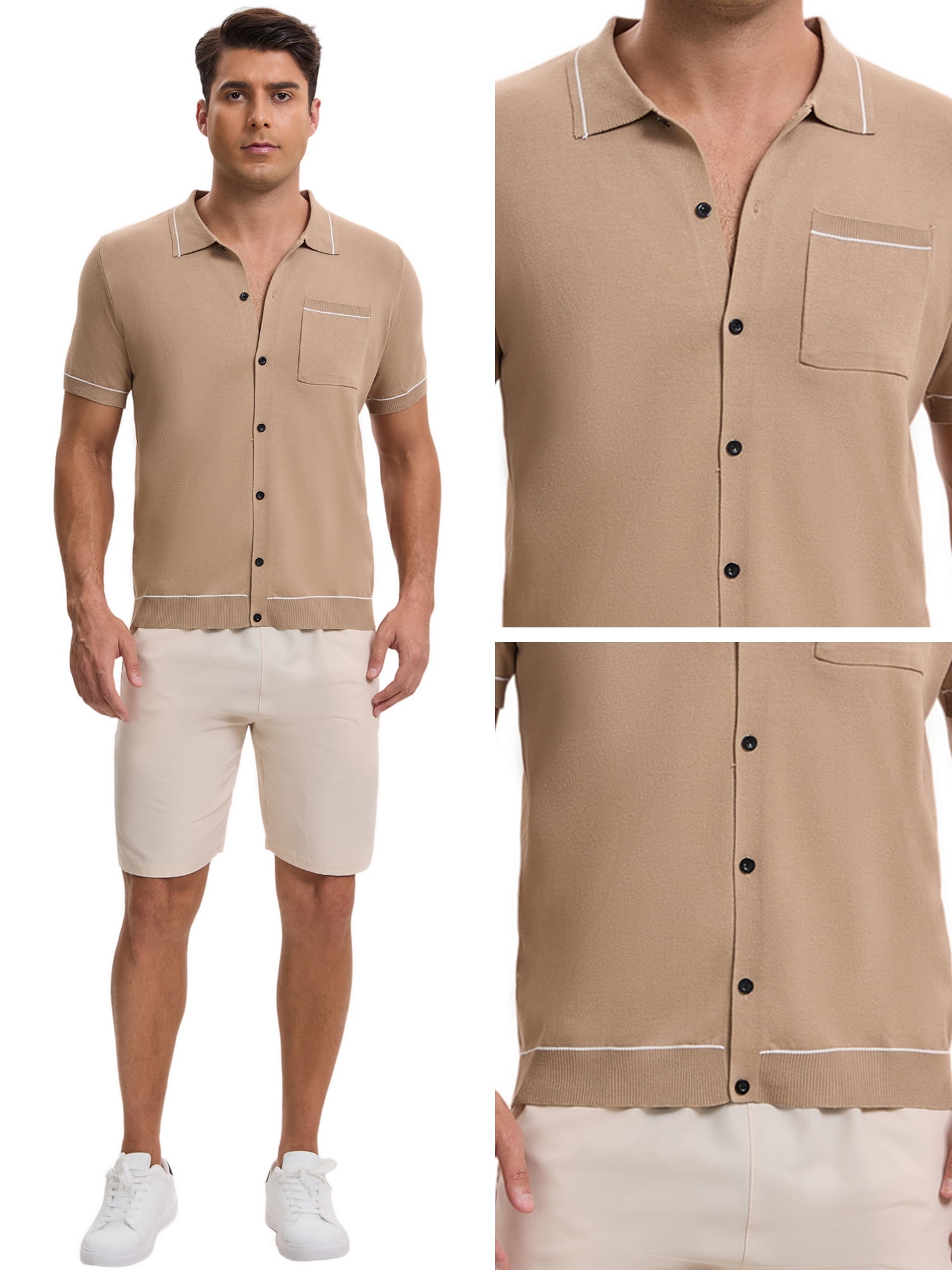 DARING DIVA Men's Knit Button Down Casual Vintage Short Sleeve Polo Shirt XXL Deep Khaki