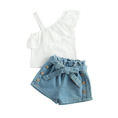 

Listenwind Toddler Kids Baby Girl Summer Outfits Lace T-Shirt Top Denim Jeans Shorts Clothes Set