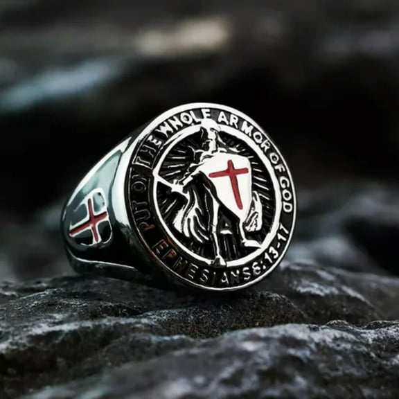 K-KED Put on the Whole Armor of God Ring Stainless Steel Sword Shield Warrior Ring-7